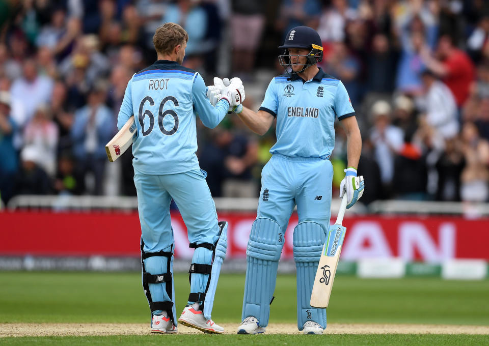  Joe Root of England celebrates after scoring a century with Jos Buttler. (Photo by Gareth Copley-IDI/IDI via Getty Images)