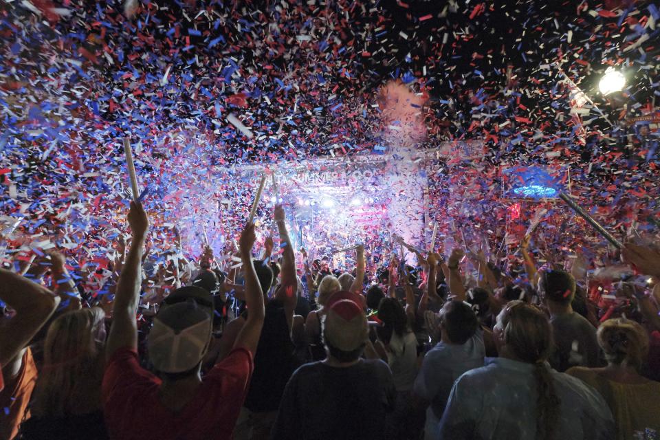 After a group of current and former astronauts finished answering questions on stage, the large crowd that had gathered downtown tosses confetti in the air at 10:56pm, the exact time Neil Armstrong took the first steps on the moon 50 years prior during the Summer Moon Festival in Wapakoneta, Ohio on Sunday, July 21, 2019. Wapakoneta is the hometown of Armstrong and home to the Armstrong Air & Space Museum.