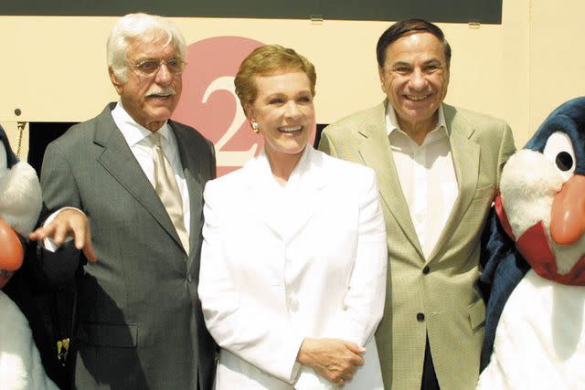 <p>Getty</p> From Left: Dick Van Dyke, Julie Andrews and Richard Sherman at A Recognition Ceremony In Honor Of Andrews August 2, 2001 At Disney Studios In Burbank