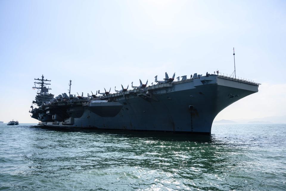 The USS Ronald Reagan (CVN-76) aircraft carrier is seen during a port visit in Hong Kong on November 21, 2018.