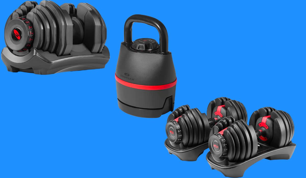 Bowflex dumbbell, weight and kettlebell.