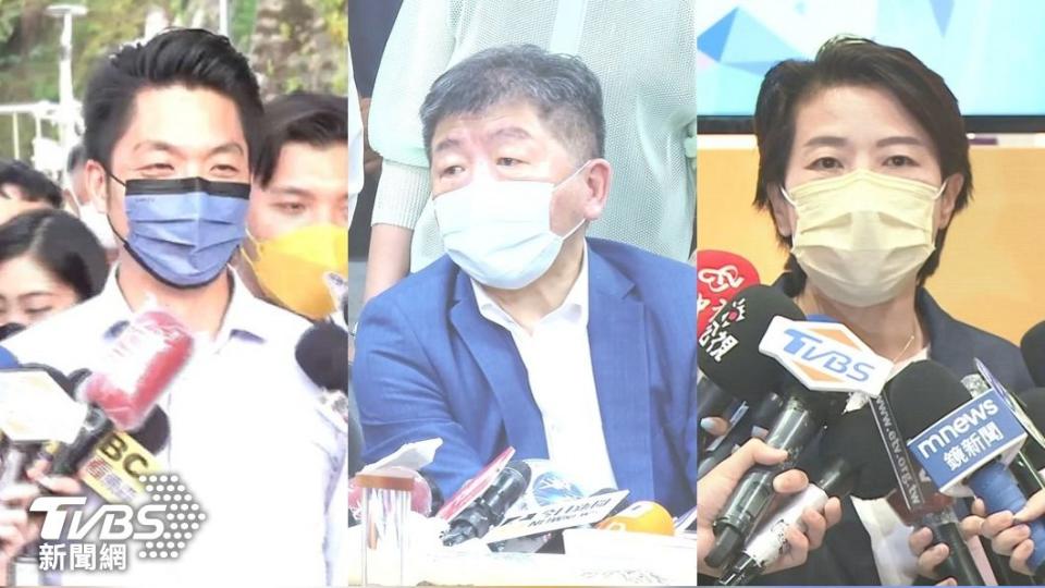 國民黨台北市長參選人蔣萬安、民進黨台北市長參選人陳時中、前台北市副市長黃珊珊。（圖／TVBS）