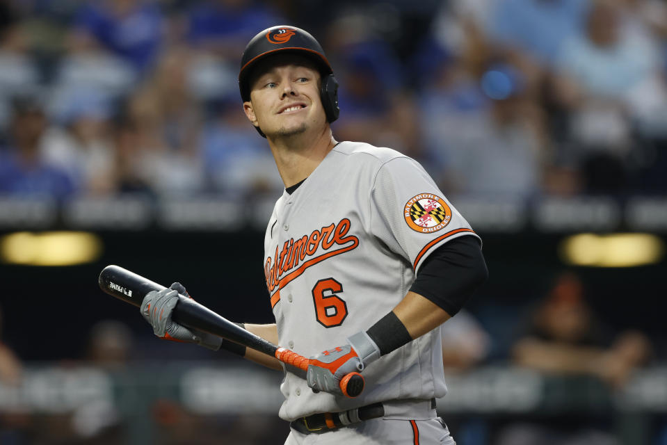 Baltimore Orioles' Ryan Mountcastle reacts after a called strike while batting during the fourth inning of a baseball game against the Kansas City Royals in Kansas City, Mo., Friday, June 10, 2022. (AP Photo/Colin E. Braley)