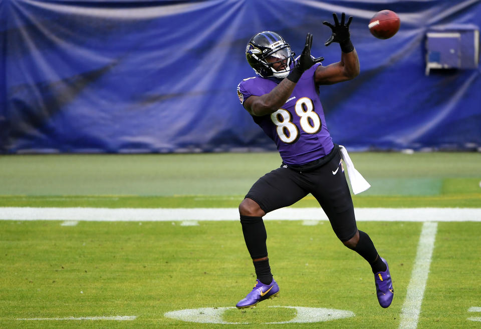 Ravens wide receiver Dez Bryant scored his first NFL touchdown in more than three years against the Jacksonville Jaguars. (Photo by Will Newton/Getty Images)