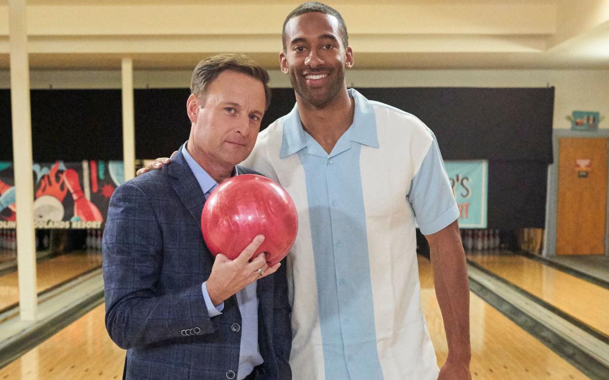 Harrison and "Bachelor" Matt James while filming this season of "The Bachelor." (Photo: Craig Sjodin via Getty Images)