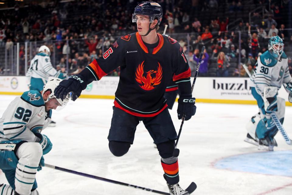 Coachella Valley Firebirds forward Kole Lind just after scoring against San Jose Barracuda at Acrisure Arena in Palm Desert, Calif., on Monday, April 3, 2023. Firebirds pulled out a 4-3 shootout win to secure a top spot in the Pacific Division. 
