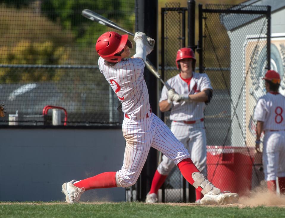 Lincoln's Diego Davis hits a single during a varsity baseball game against Tokay at Lincoln in Stockton on Wednesday, Apr.19, 2023.