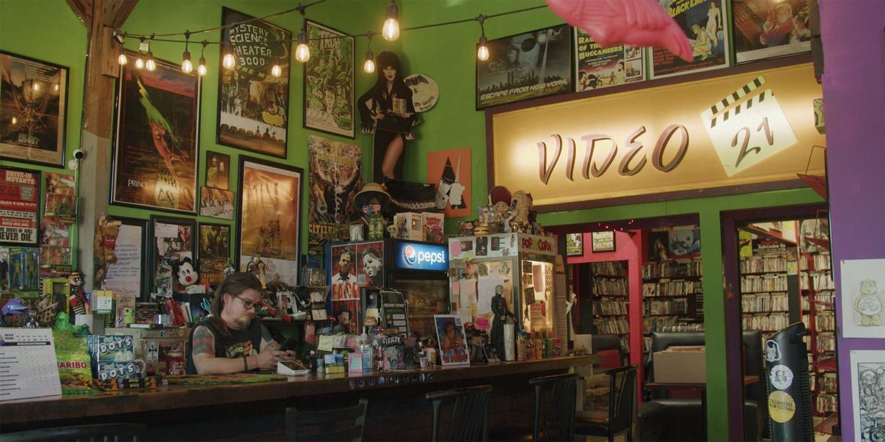 A scene from Tallahassee filmmaker Andre Heizer's short documentary "Keeper of Discs," about Tallahassee's Kevin Cole, who runs Cap City Video Lounge at Railroad Square. The doc premieres April 20 at the 2024 Florida Film Festival in Orlando.