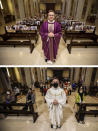 In this combo picture, at top, Robbiano Church parson, Don Giuseppe Corbari, poses in front of selfies he was sent by parishioners as Masses had been suspended following Italy's coronavirus emergency, in Giussano, northern Italy, Sunday, March 15, 2020. At bottom, Don Giuseppe Corbari wears a face mask as churches reopened for faithful Monday, May 18, 2020. (AP Photo/Luca Bruno)