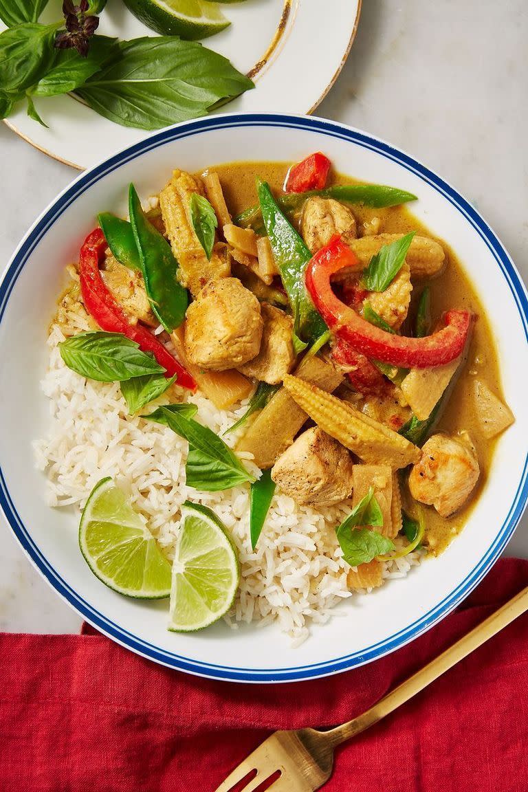 <p>The curry paste for this dish is incredible but requires a little more effort, and a few more ingredients to make totally from scratch. But it is WORTH IT. </p><p>Get the <a href="https://www.delish.com/uk/cooking/recipes/a31011824/thai-green-curry/" rel="nofollow noopener" target="_blank" data-ylk="slk:Thai Green Curry;elm:context_link;itc:0;sec:content-canvas" class="link ">Thai Green Curry</a> recipe.</p>
