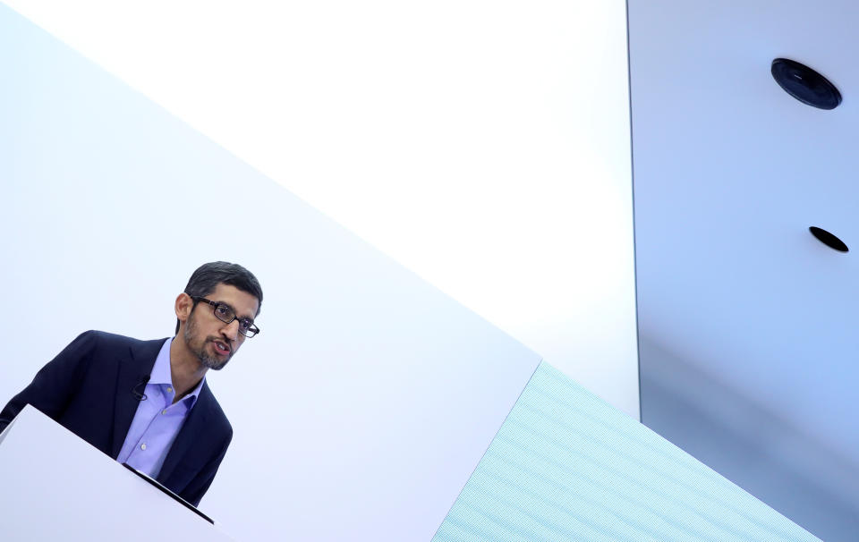 Sundar Pichai, CEO of Google and Alphabet, speaks on artificial intelligence during a Bruegel think tank conference in Brussels, Belgium January 20, 2020. REUTERS/Yves Herman