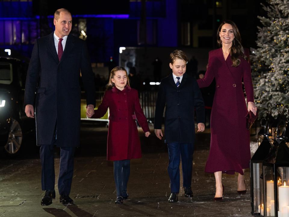 Prince William, Princess Charlotte, Prince George, and Kate Middleton attend the 'Together at Christmas' Carol Service at Westminster Abbey on December 15, 2022.