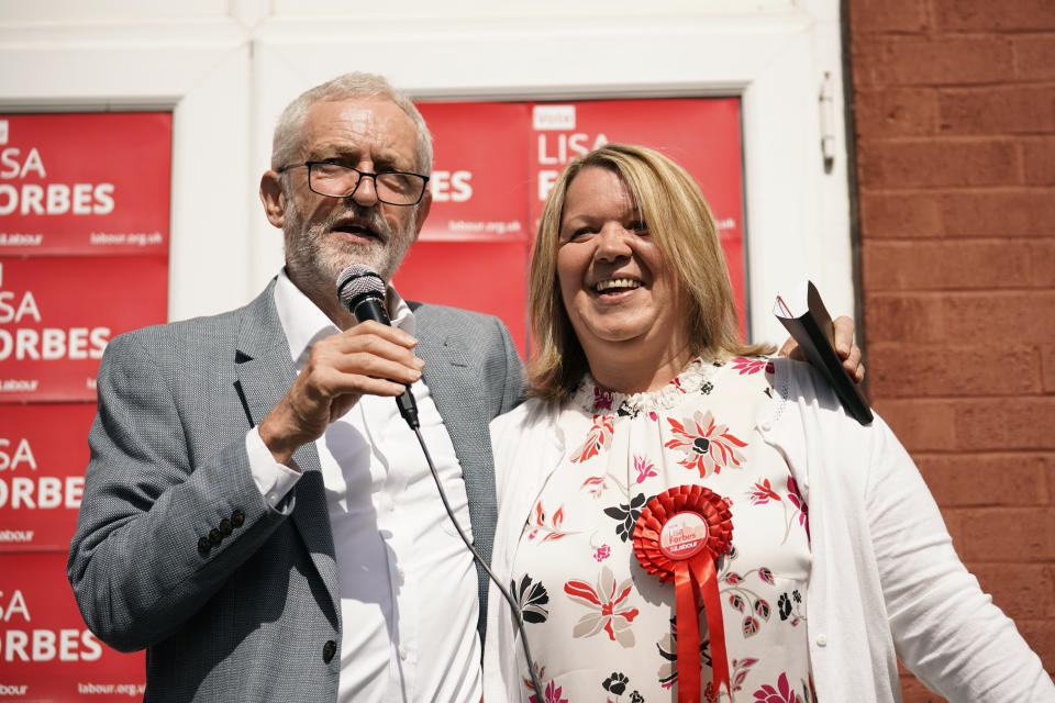 Labour are the second favourites with candidate Lisa Forbes, seen here with party leader Jeremy Corbyn (Photo by Christopher Furlong/Getty Images)