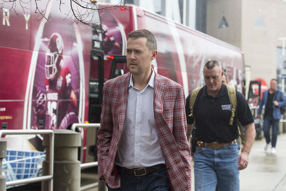 Oklahoma Sooners head coach Lincoln Riley arrived at the Omni Hotel with the team in Atlanta, Monday, Dec. 23, 2019. The Oklahoma Sooners will face the LSU Tigers in the Chick-fil-A Peach Bowl at Mercedes-Benz Stadium Saturday, December 28. (Alyssa Pointer/Atlanta Journal-Constitution via AP)