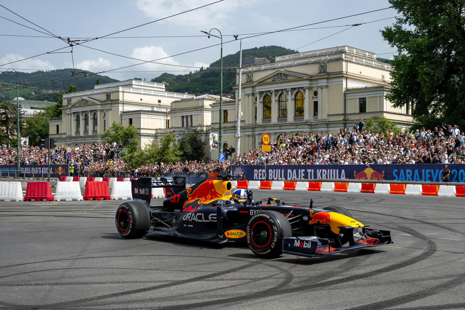 David Coulthard seen during the Red Bull Showrun in Sarajevo, Bosnia and Herzegovina on June 9, 2024. // Predrag Vuckovic / Red Bull Content Pool // SI202406090523 // Usage for editorial use only //