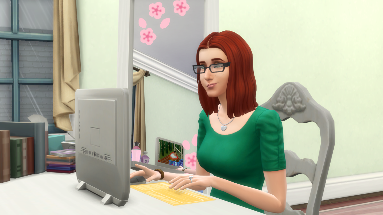  The Sims 4 - Eliza Pancakes sits at her computer playing Sims Forever. 