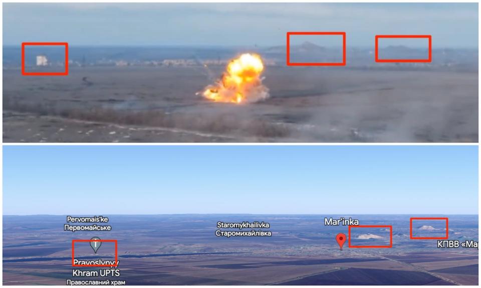 A comparison between footage shared by Ukraine's Ministry of defense, purporting to show an attack in Marinka, and a corresponding Google Earth view of Marinka showing similar landmarks. The landmarks — two hills and a building — are marked up with red squares.