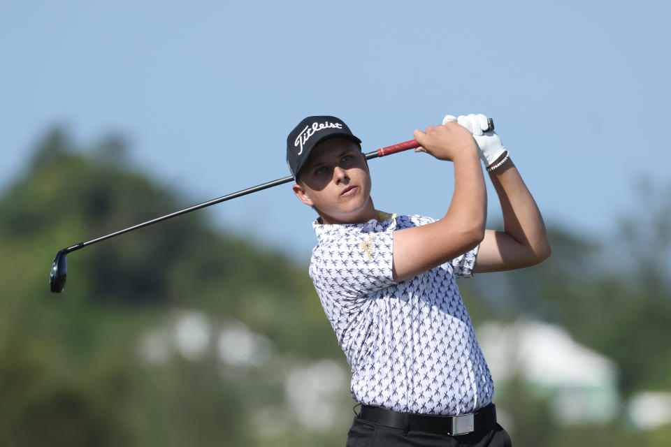 Oliver Betschart of Bermuda hits a tee shot on the tenth hole during the first round of the Butterfield Bermuda Championship at Port Royal Golf Course on November 09, 2023 in Southampton, Bermuda. (Photo by Gregory Shamus/Getty Images)