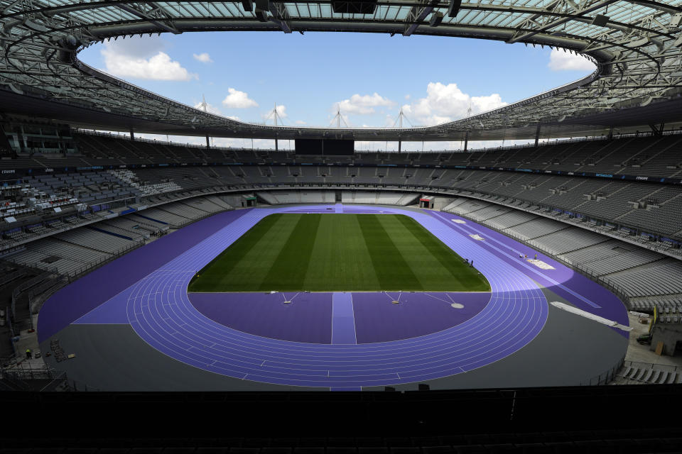 FILE - The Stade de France is shown during a tour ahead of the Olympics, Tuesday, May 7, 2024, in Paris. Major League Baseball returns to London this weekend, June 8-9, 2024, when the New York Mets and Philadelphia Phillies play a two-game set. It's the third time in the past five years that MLB has brought “America's Pastime” to London Stadium. Meanwhile, the league's plans for a game in Paris in 2025 fell through. Part of the problem was uncertainty about the availability of the Stade de France. (AP Photo/David J. Phillip, File)