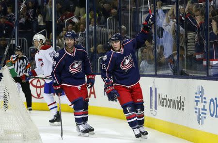 Nov 4, 2016; Columbus, OH, USA; Columbus Blue Jackets right wing Cam Atkinson (13) celebrates a goal against the Montreal Canadiens during the second period at Nationwide Arena. Mandatory Credit: Russell LaBounty-USA TODAY Sports