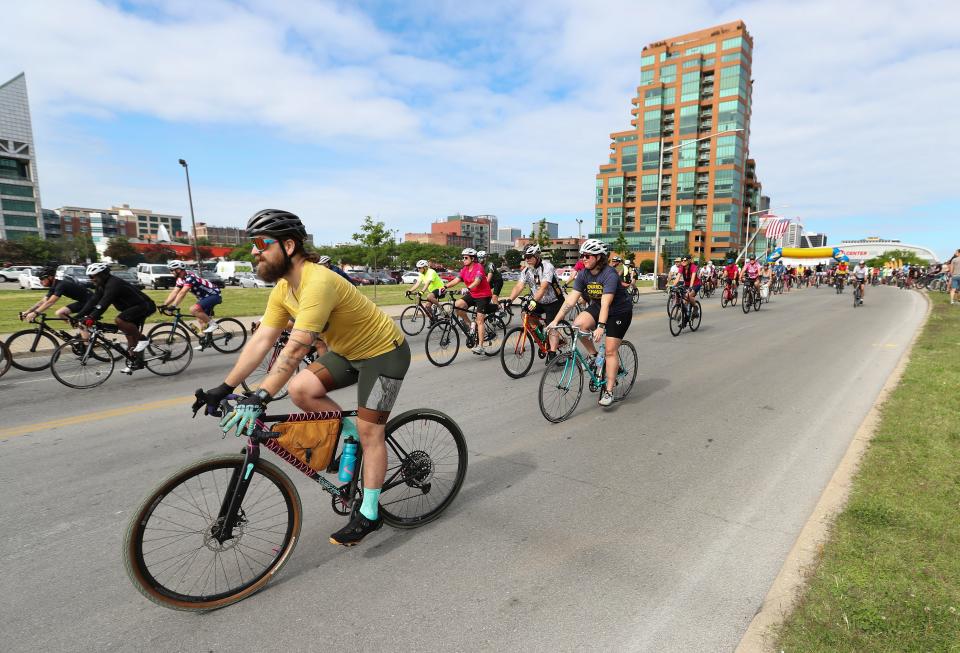 Cyclists hit the road for bicycle portion of the Hike, Bike & Paddle 2023 at Waterfront Park in Louisville, Ky. on May. 29, 2023.  