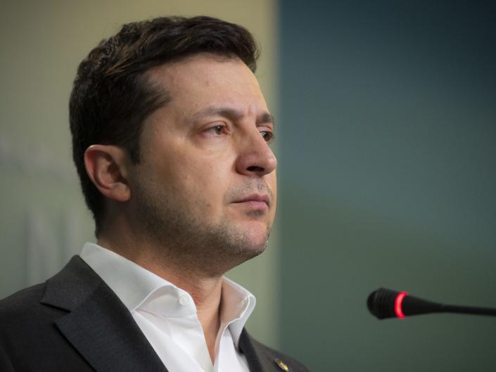 President of Ukraine Volodymyr Zelensky holds a press conference