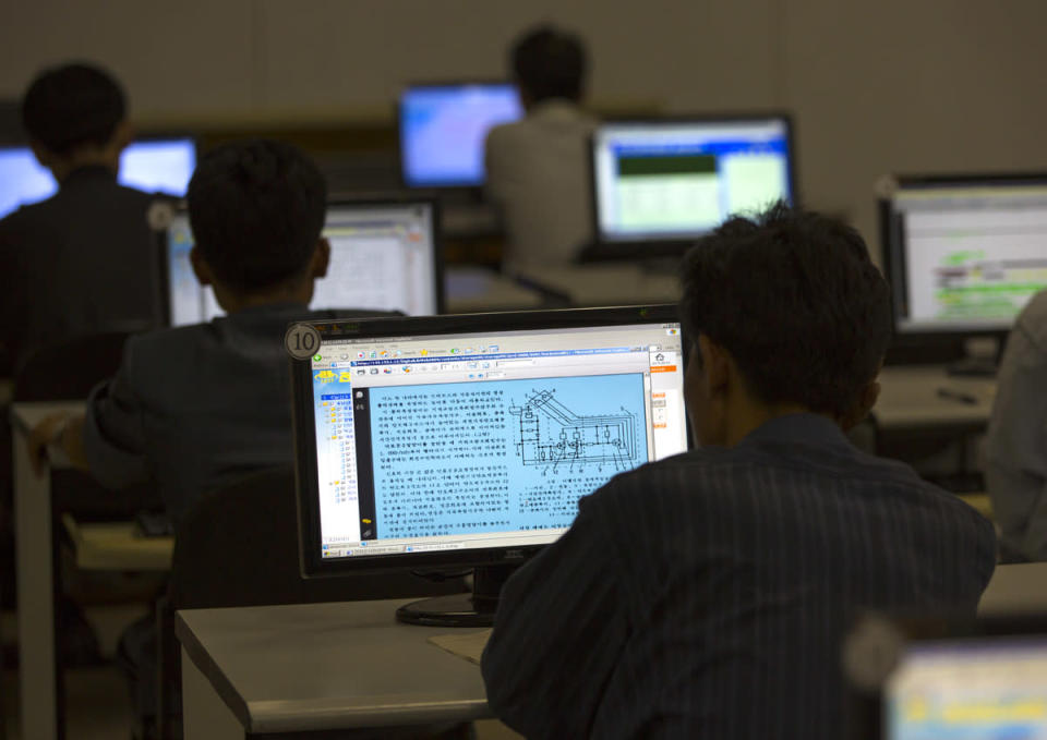 Students use the North Korean intranet in the Grand People&#39;s Study House in Pyongyang