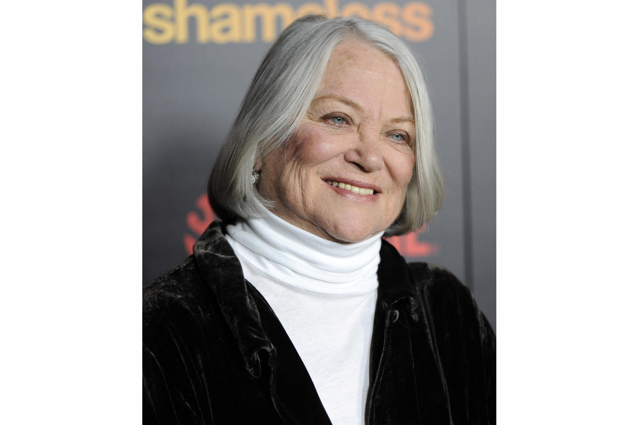 FILE - Louise Fletcher, a cast member in "Shameless," poses at the premiere of the second season of the Showtime television series in Los Angeles, Jan. 5, 2012. Fletcher, a late-blooming star whose riveting performance as the cruel and calculating Nurse Ratched in "One Flew Over the Cuckoo's Nest" set a new standard for screen villains and won her an Academy Award, died Friday, Sept. 23, 2022, at age 88. (AP Photo/Chris Pizzello, File)