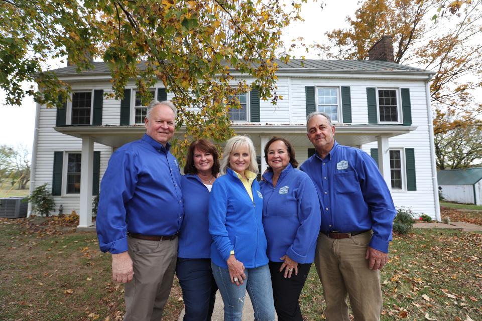 (L-R). Siblings Frank Hutchins, Connie Hutchins McDowell, Laura Hutchins Blair, Catherine Hutchins Clements and John Hutchins are the 8th generation of the family that has owned this home built in 1780 in Bardstown, Ky. on Oct. 24, 2023.