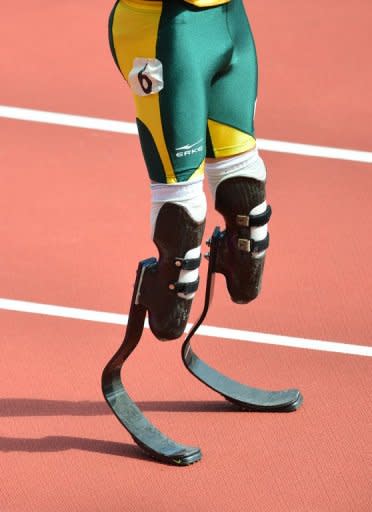 A close-up of South Africa's double amputee athlete Oscar Pistorius' blades prior to the start of the men's 400m heats at the London 2012 Olympic Games