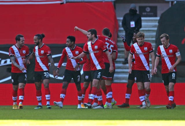 Southampton players celebrate the only goal 