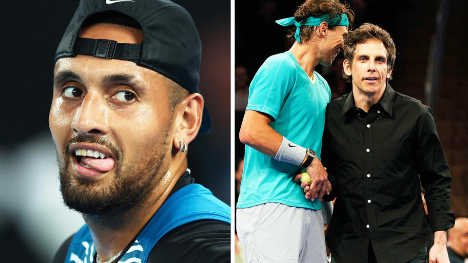 Nick Kyrgios smiles and Ben Stiller shakes hands with Rafa Nadal.