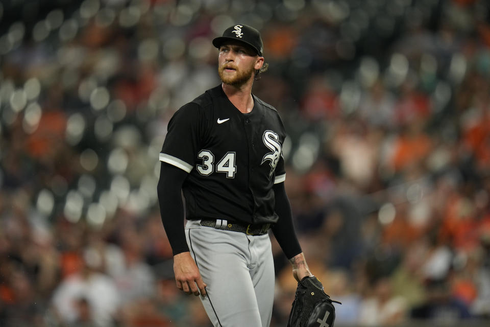 Chicago White Sox starting pitcher Michael Kopech looks on after pitching to the Baltimore Orioles during the second inning of a baseball game, Monday, Aug. 28, 2023, in Baltimore. (AP Photo/Julio Cortez)