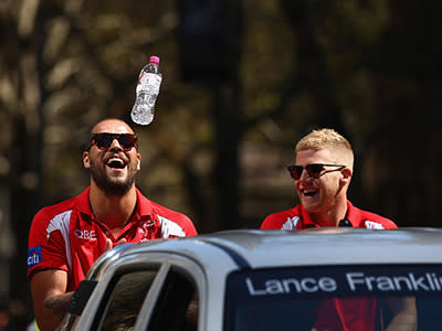 Lance Franklin and Dan Hannebery of Sydney share a laugh.