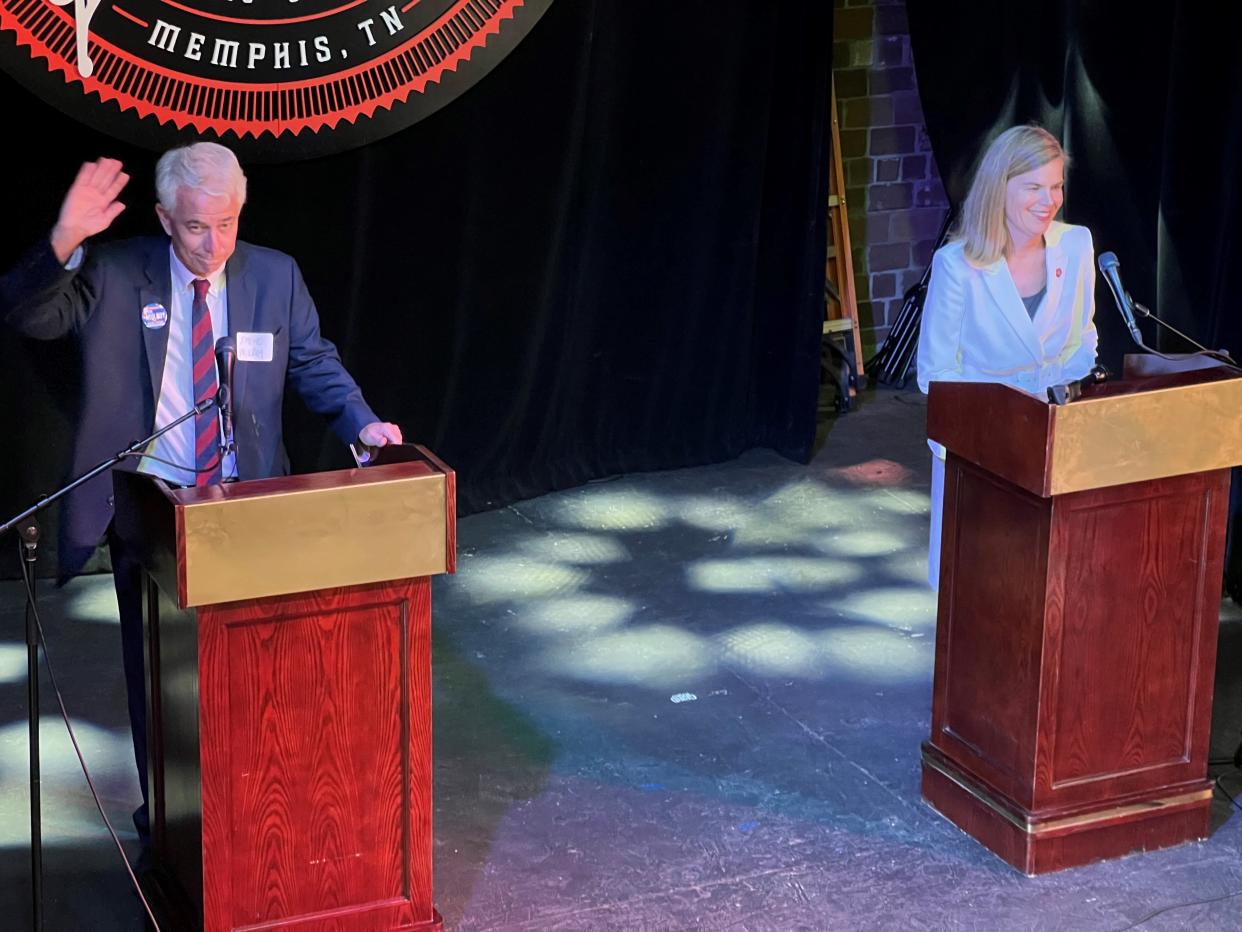 Amy Weirich and Steve Mulroy, candidates vying for the opportunity to serve as the Shelby County District Attorney, met at the Bluff near the University of Memphis campus to debate before the Rotary Club of Memphis