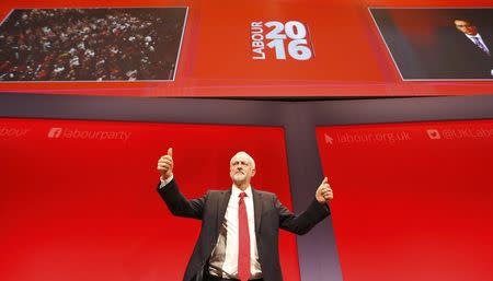 Britain's Labour Party leader Jeremy Corbyn gestures after delivering his keynote speech at the Labour Party conference in Liverpool, Britain, September 28, 2016. REUTERS/Darren Staples