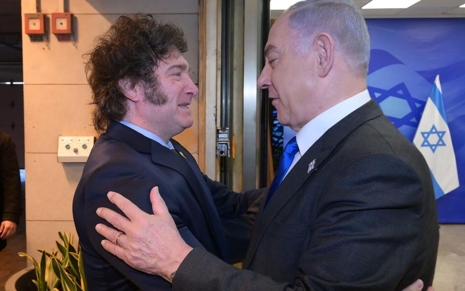 Israeli Prime Minister Benjamin Netanyahu embraces Argentina's President Javier Milei in Jerusalem