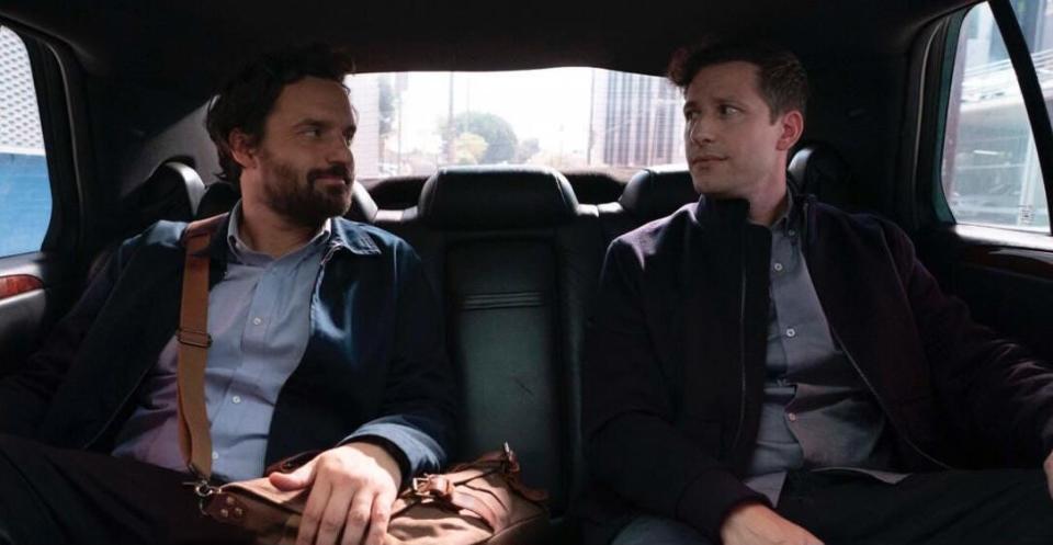 Tommy (Jake Johnson, left) gets an offer from Andy Samberg (as himself) that he really should refuse in the comedy "Self Reliance."