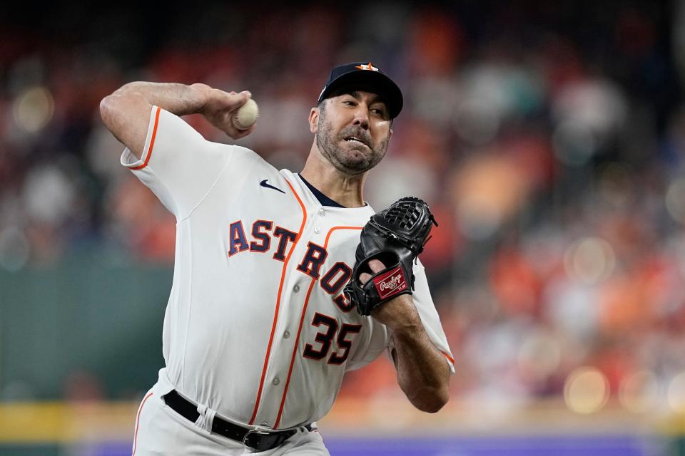 Houston Astros starting pitcher Justin Verlander throws during the first inning in Game 1 of an American League Division Series baseball game against the Minnesota Twins, Saturday, Oct. 7, 2023, in Houston. (AP Photo/Tony Gutierrez)