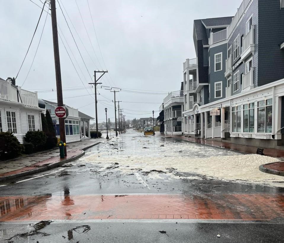 Railroad Avenue at the intersection of Ocean Avenue in York, Maine, flooded Saturday, Jan. 13, 2024, amid high tides and a storm.