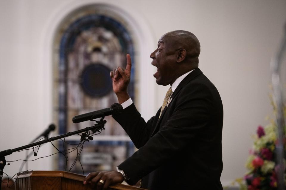 Attorney Ben Crump speaks during a rally for Jason Walker at Good Hope Missionary Baptist Church on Thursday, Jan. 13, 2022. Jason Walker, 37, was shot and killed on Saturday by an off-duty deputy with the Cumberland County Sheriff's Office.