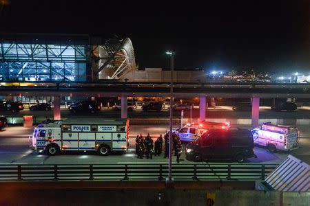 Members of the New York City Police Department stand guard at Terminal 8 at John F. Kennedy airport in the Queens borough of New York City, August 14, 2016. REUTERS/Stephanie Keith