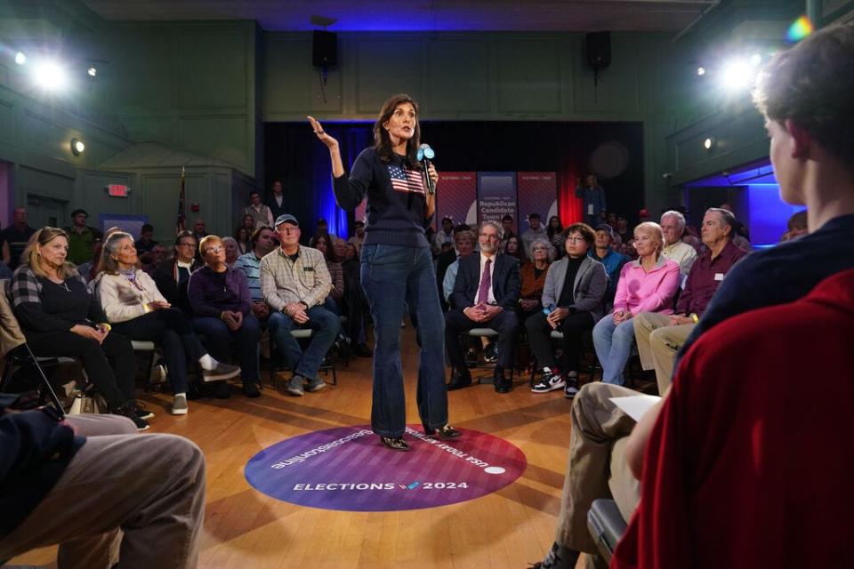 Republican presidential candidate Nikki Haley speaks during the Seacoast Media Group and USA TODAY Network 2024 Republican Presidential Candidate Town Hall Forum held in the historic Exeter Town Hall in Exeter, N.H., on Ict, 12. The former governor of South Carolina and former United States Ambassador to the United Nations spoke to prospective New Hampshire voters about issues during the hour-long forum.