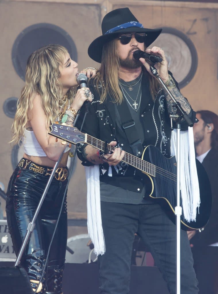 Miley Ray Cyrus is joined by her father Billy Ray Cyrus as she performs live on the Pyramid stage during the 2019 Glastonbury Festival at Worthy Farm, Pilton on June 30, 2019 in Glastonbury, England. The festival, founded in 1970, has grown into one of the largest outdoor green field festivals in the world.