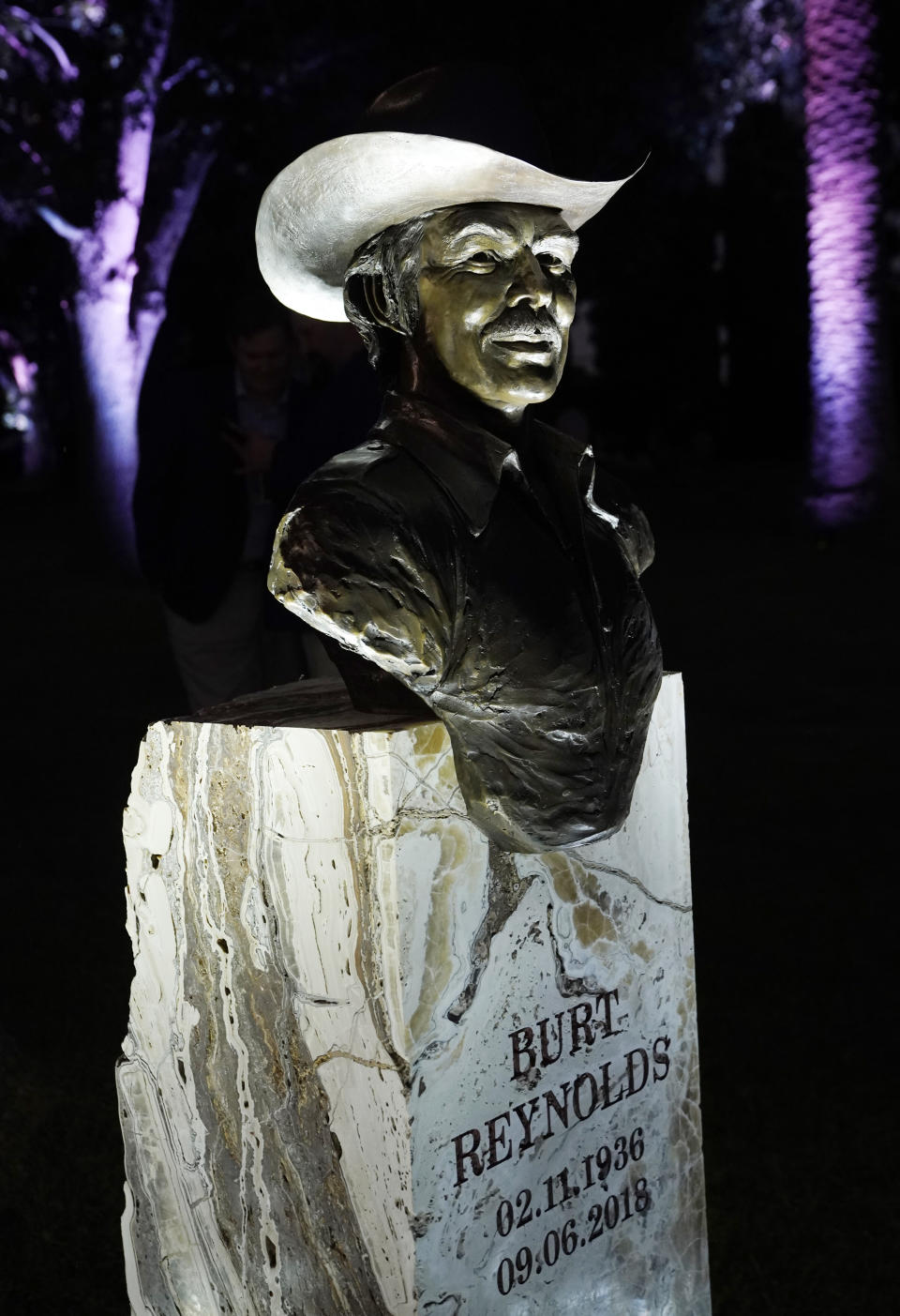 A memorial sculpture of the late actor Burt Reynolds is pictured following its unveiling at a ceremony at Hollywood Forever Cemetery, Monday, Sept. 20, 2021, in Los Angeles. Reynolds died in 2018 at the age of 82. (AP Photo/Chris Pizzello)