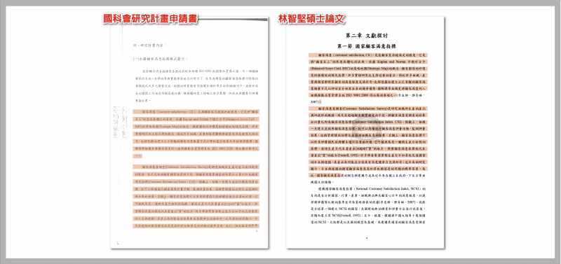 中華大學交給竹科和國科會的「委託辦理申請計畫書」與林智堅碩士論文對照。（國民黨團提供）