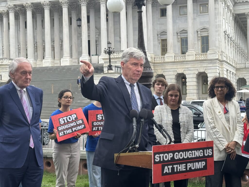 U.S. Sen. Ed Markey, a Democrat from Massachusetts; Sen. Sheldon Whitehouse, a Democrat from Rhode Island; Lori Lodes, executive director of Climate Power; and U.S. Rep. Sydney Kamlager-Dove, a Democrat from California, urge big oil companies be held accountable for high gas prices on Thursday, May 23, 2024, outside of the U.S. Capitol in Washington, D.C.