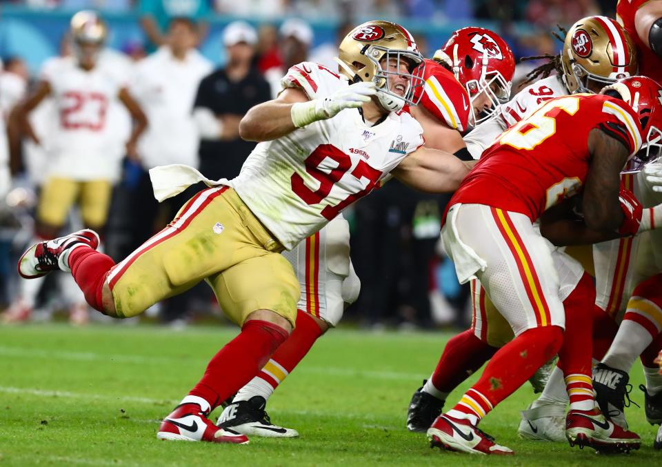 DE Nick Bosa (97) helped fuel the 49ers' charge to Super Bowl 54 during the 2019 season.