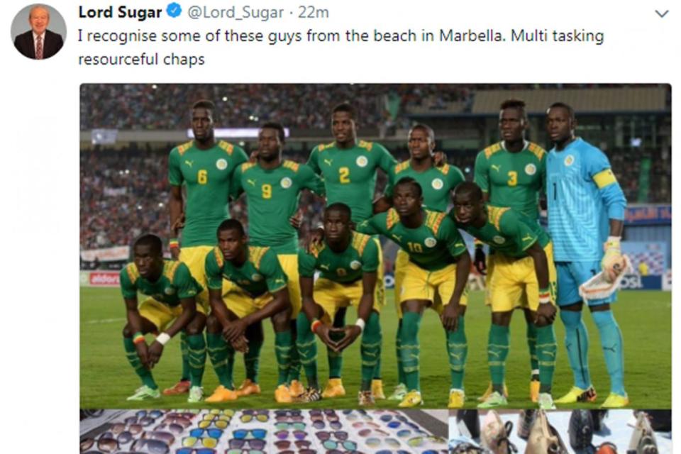 Lord Sugar later deleted the 'racist' tweet (Twitter)