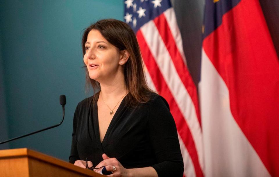 Secretary of the NC Department Health and Human Services Dr. Mandy Cohen speaks during a briefing on North CarolinaÕs coronavirus pandemic response Thursday, March. 25, 2021 at the NC Emergency Operations Center in Raleigh.